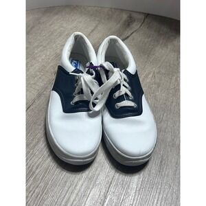 Keds Kids White Leather Saddle Shoes Navy Accent Lace Up Sneakers Size 3.5W
